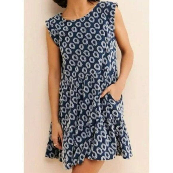 Maeve Anthropologie Lisanne Textured Navy Ivory Tunic Dress Sz S Frayed Circles - Picture 2 of 15